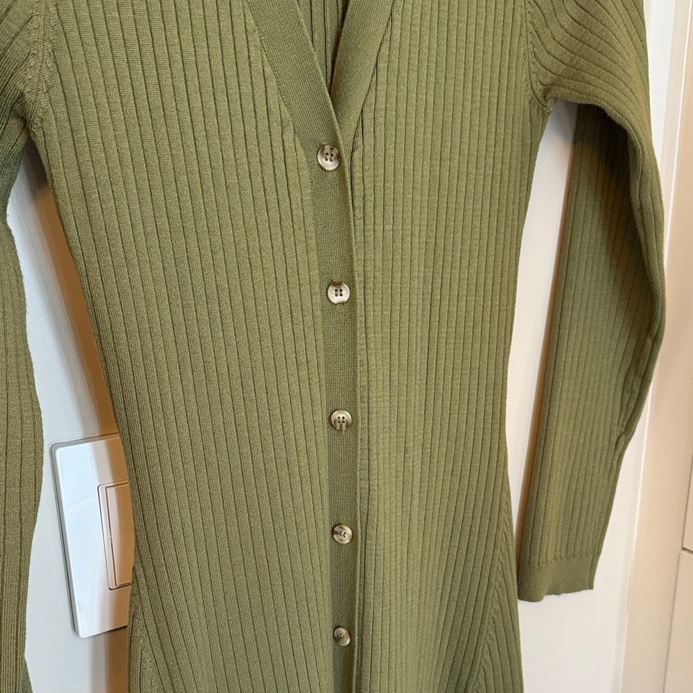 Mango Olive Green Ribbed Button-Down Long Sleeve Midi Dress - Picture 4 of 8